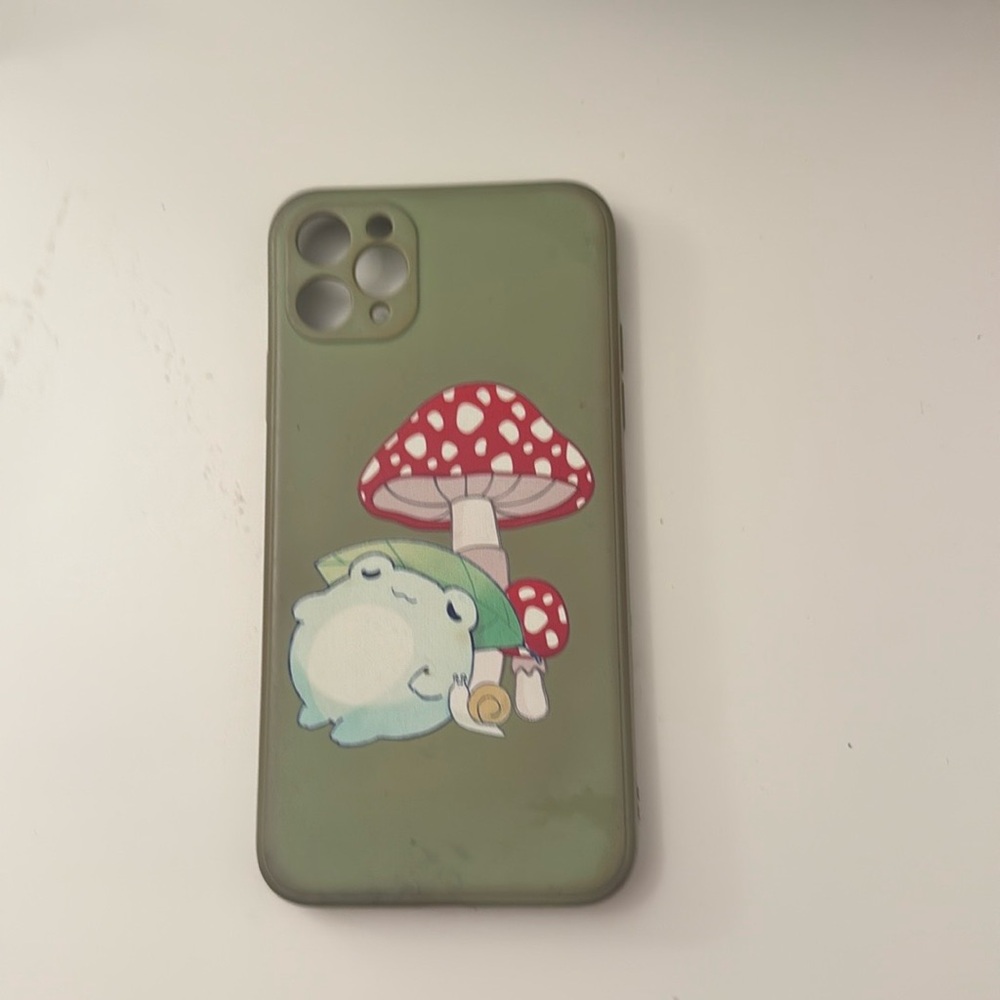 Sage Green iPhone Case with Whimsical Frog and Mushroom Design